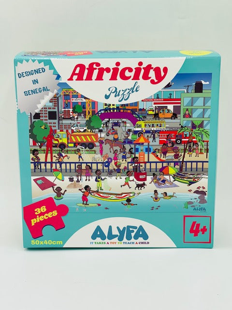 AFRICITY représente une ville Africaine dans sa diversité et ses multiples facettes.   Un puzzle très inspiré de la ville de Dakar. Votre enfant découvrira cette ville éclectique parsemée de personnages et décors vibrants.  Contient 36 pièces 